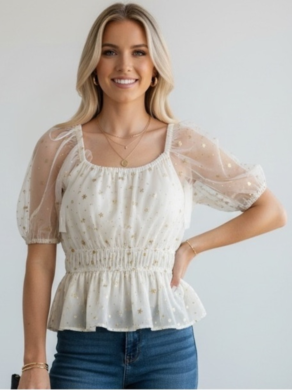NWT Arula Xquisite Gold Star Sheer Puff Sleeve Top XL